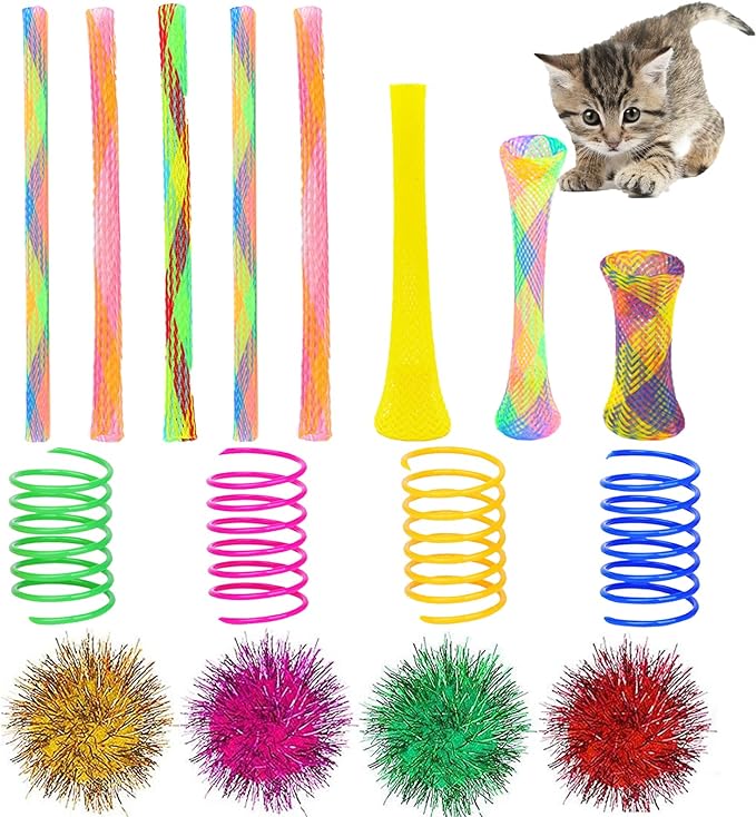 ISMARTEN 45 Pieces Cat Toy Springs Balls Set, Colorful Cat Spring Toy and Cat Tube Toy Interactive Cat Toy and Cat Toy Pom Poms Balls for Kittens to Swat, Bite, Hunt (Random Color)