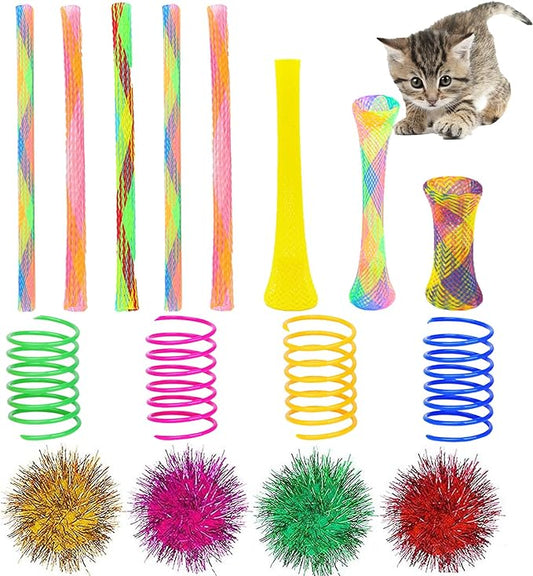 ISMARTEN 45 Pieces Cat Toy Springs Balls Set, Colorful Cat Spring Toy and Cat Tube Toy Interactive Cat Toy and Cat Toy Pom Poms Balls for Kittens to Swat, Bite, Hunt (Random Color)