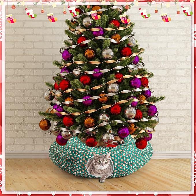 Cat Tunnel Bed Under Christmas Tree 3 ft x 3 ft x 10 Inch Cat Bed Tunnel with Hanging Ball Xmas Cat Donut Tunnel Round Cat Hideaway Holiday Circle Cat Cave Pets Gift(Green,Santa Claus)