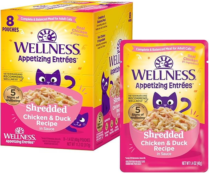 Wellness® Appetizing Entrées™ Shredded Chicken & Duck Recipe in Sauce Natural Wet Cat Food, 1.4 oz Pouch (Pack of 8)