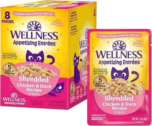 Wellness® Appetizing Entrées™ Shredded Chicken & Duck Recipe in Sauce Natural Wet Cat Food, 1.4 oz Pouch (Pack of 8)