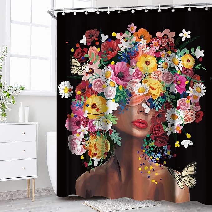 Black Girl Women Shower Curtain Sets for Bathroom 60Wx72H African America Shower Curtain Afro Lady Modern Colorful Flower Floral Polyester Bathtub Curtain Bathroom Decor with 12 Hooks