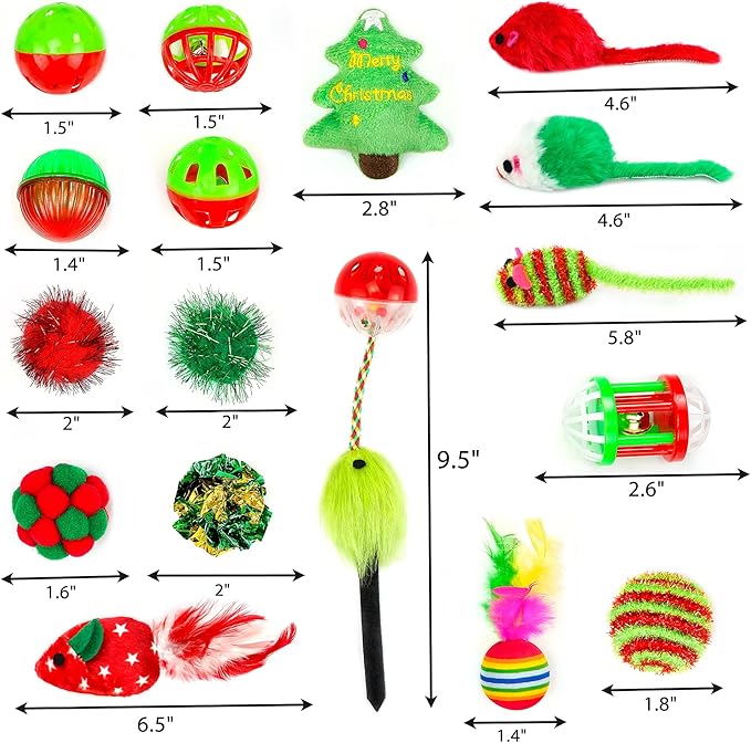 CHIWAVA 17 Pack Christmas Cat Toy Bag Set Assorted Toys Variety Pack Kitten Interactive Play