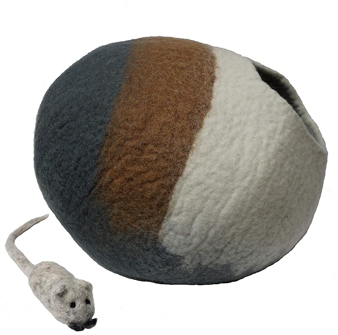 100% Wool Felt Cat Cave Bed Handmade in Nepal with Free Mouse Toy Included (Gray/Tan/Cream)