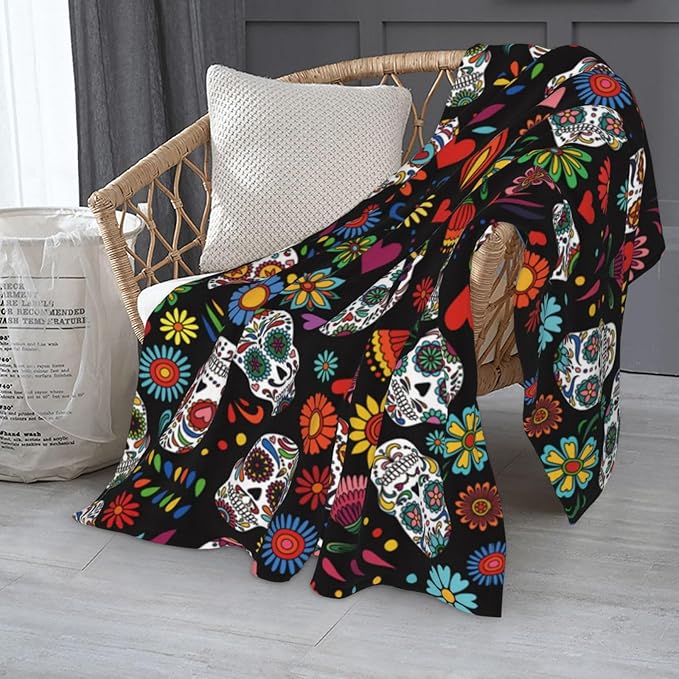 Day of The Dead Sugar Skull Blanket Throw 80"X60", Cozy Lightweight Plush Skull Print Blanket, Gifts for Kids Adults