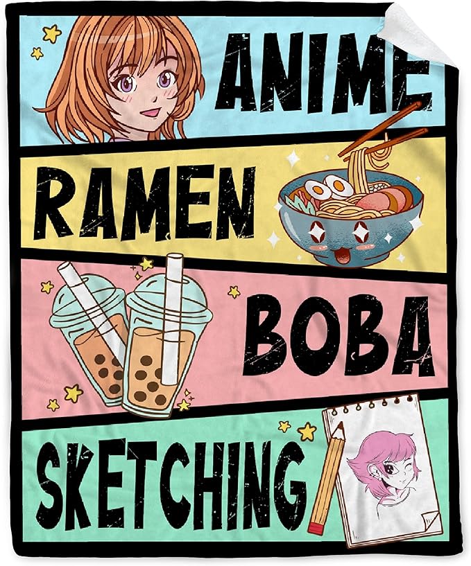 Anime Blanket Gifts for Girls Kawaii Anime Decor for Women Anime Ramen Boba Sketching Flannel Blanket Anime Lover Stuff, Luxurious Warm and Cozy for M 50X60 Inch for Teen/Travel