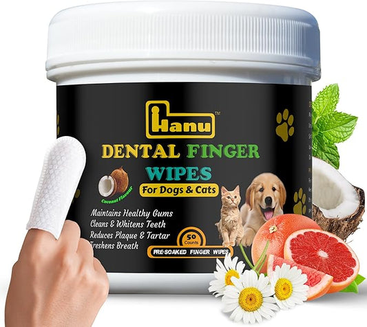 Hanu Dental Finger Wipes for Dogs & Cats - Teeth Cleaning Wipes Removes Bad Breath, Plaque & Tartar - Whitens Teeth Finger Toothbrush Gum Care Wipes - Freshens Breath - Vet-Recommended