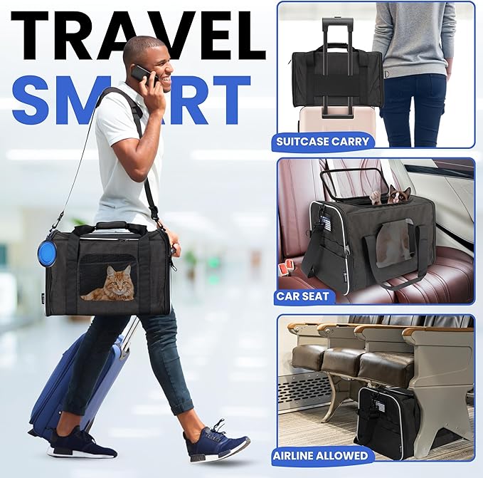 Airline-Approved Cat Carrier with Litter Box, 17x11x12” Soft Travel Litterbox up to 18 lbs Cats, Large Portable Carrier for Long Car Trips, Comes with Litter Scoop, Water Bowl, Pet ID & Cat Toy