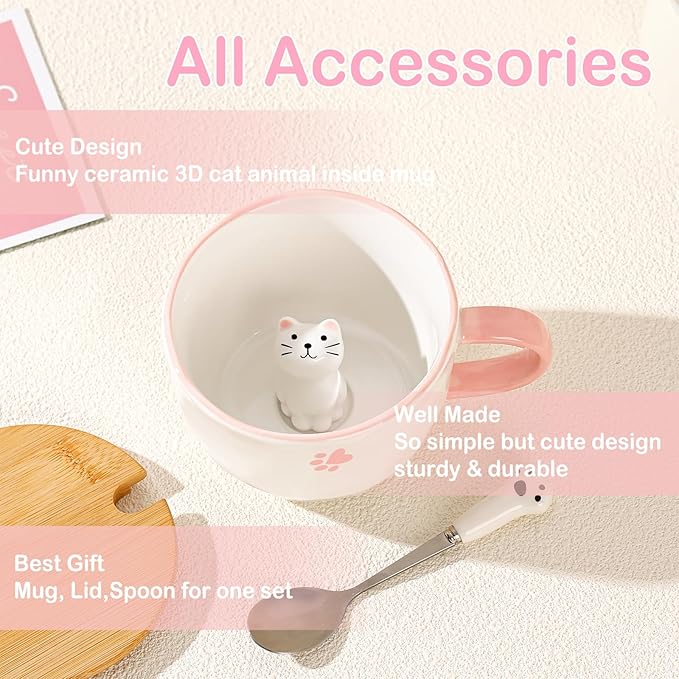 BigNoseDeer Kawaii Cat Mug with 3D Kitty Inside Cute Mugs Ceramic Tea Cup Coffee Mug Gifts for Women Girlfriend Kids White Elephant Gifts (13oz)