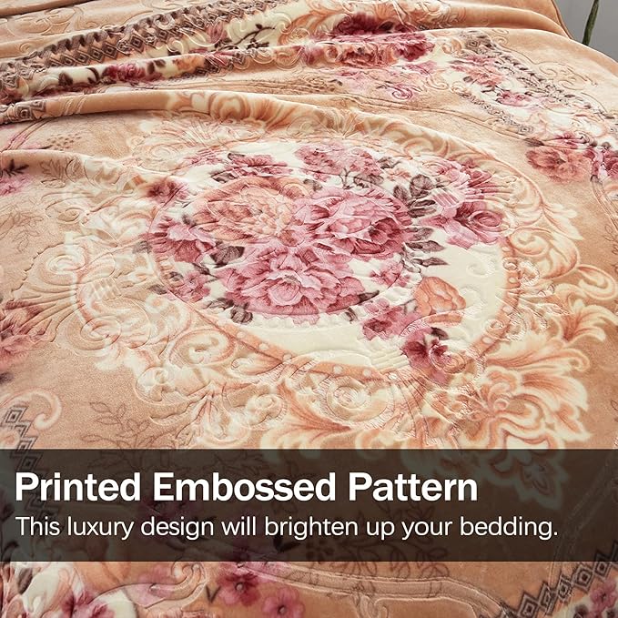 JML King Size Fleece Blanket, Korean Mink - 85 X 95 Inches, 9 Lbs, Soft and Warm, Thick Raschel Printed Mink Blanket for Autumn, Winter, Bed, Home (Printed - Khaki Floral)