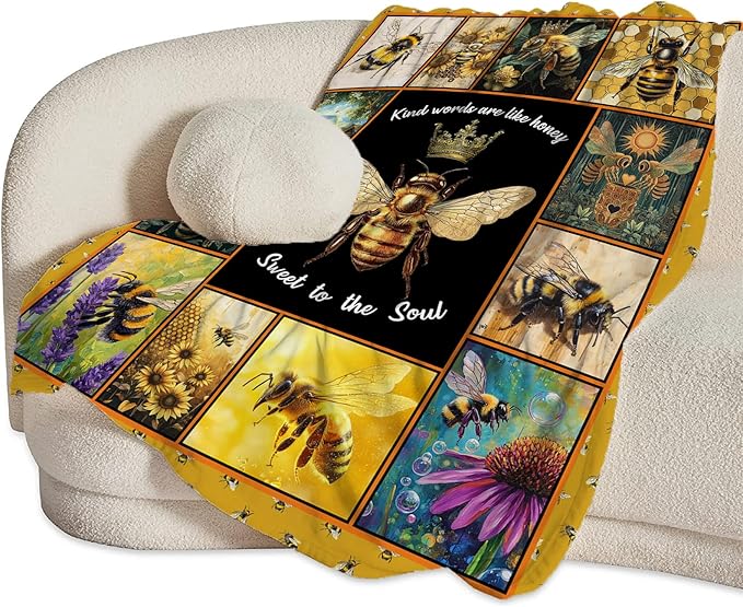 Bee Blanket Ultra Soft Cozy Bee Queen Throw Blanket Fleece Fuzzy Plush Bee Honey Blanket Decor Gifts for Women Girls Adults Couch Sofa 50"x40"