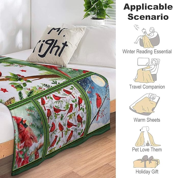 Cardinal Print Blanket Red Birds Memorial Throw Blankets Gifts for Couch Sofa Bed Stuff Decor Lightweight Soft Cozy Fleece Plush Warm Flannel Bedding for Lover Men Women Teen Adults 40"x50"