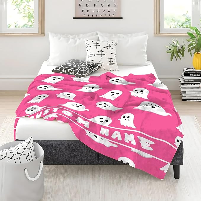Cute Little Funny Ghost Custom Blanket Pink Ghost Spooky Personalized Throw Blankets Gifts for Girl Boy Flannel Fleece Halloween Customized Throw Blankets for Bed Couch Chair 120x90In Extra Large
