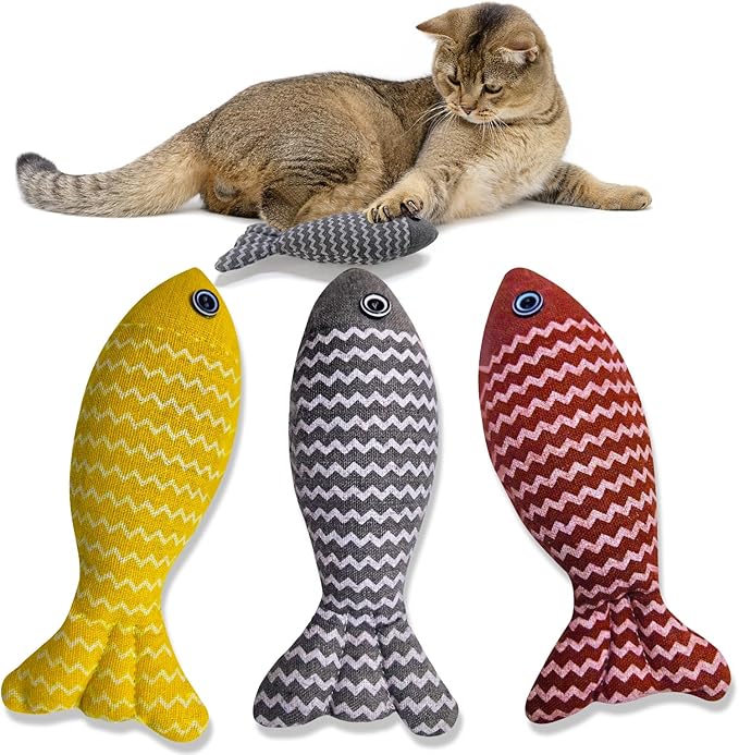 Indoor Cat Toys for Catnip Fish: 3 Packs Simulation Fish Shape Soft Linen Exercise Kicker Toys, Chew Bite Supplies for Cat Toys Self Play