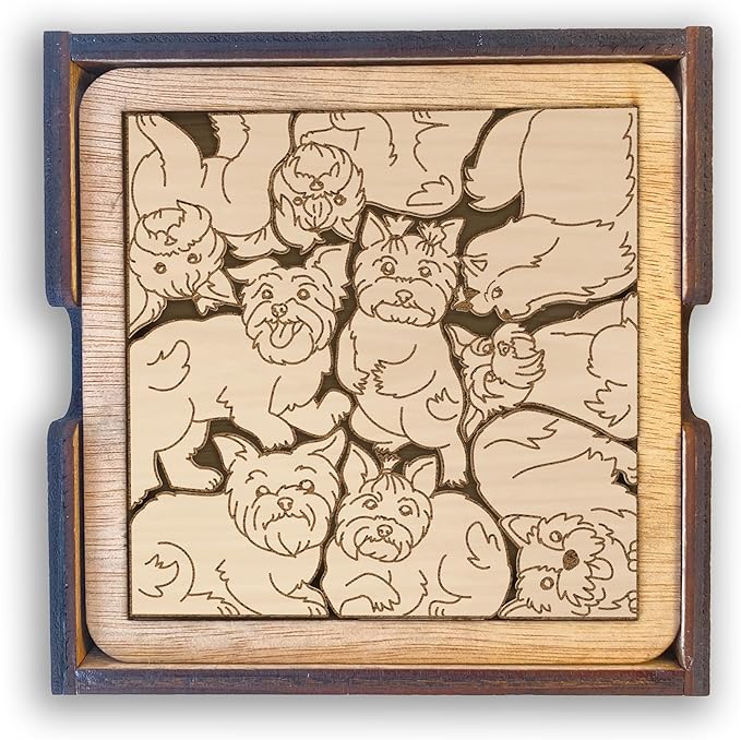 02 Yorkshire Dog Coaster - Yorkie Dog Puzzle Wooden Coaster Set - Interlocking Jigsaw Drink Mats with Laser-Cut Design for Yorkshire Terrier Lovers (Yorkshire Dog)