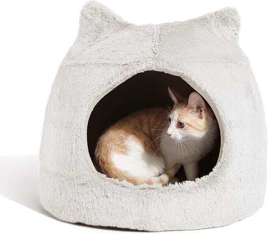 Best Friends by Sheri Meow Hut in Fur Cover Dome Cat and Dog Bed, Ivory, Small