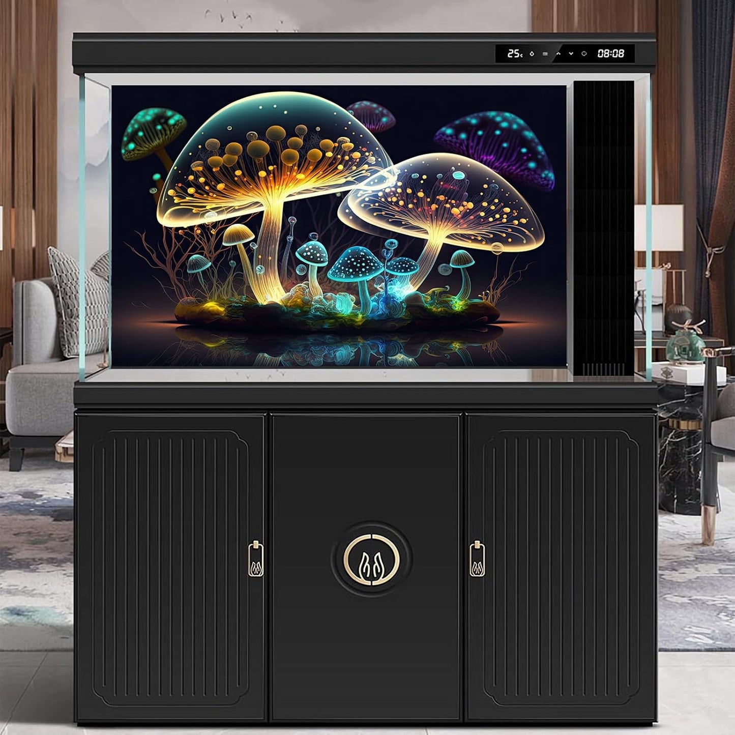 Mushroom Aquarium Background Abstract Glowing Fantasy Mushrooms Terrarium Background Mysterious Forest Magical Night In Circle Shape Crystal Glass Fish Tank Backdrop Decorations Vinyl 48x18in