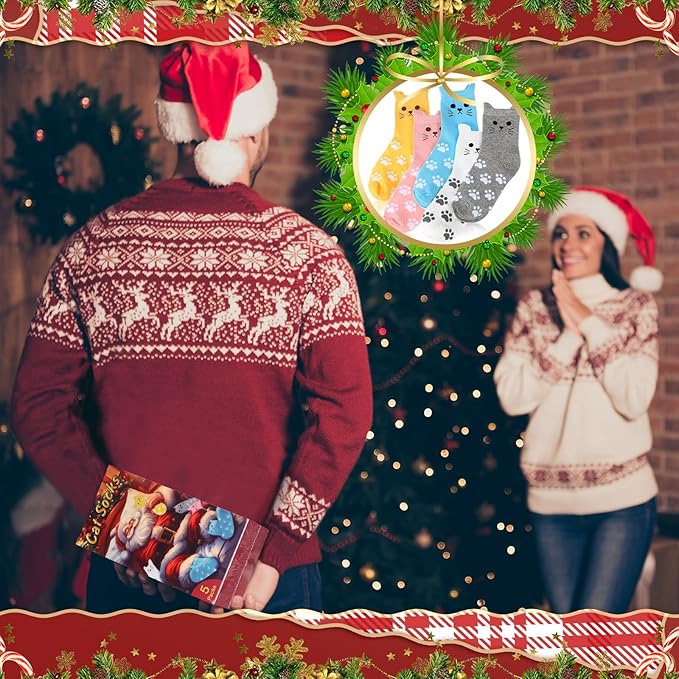 5 Pcs Women's Cat Socks Christmas Stocking Stuffers for Women Funny Christmas Gift Box White Elephant Gift Exchange Ideas for Teenage Girls Girlfriend Animal Lovers