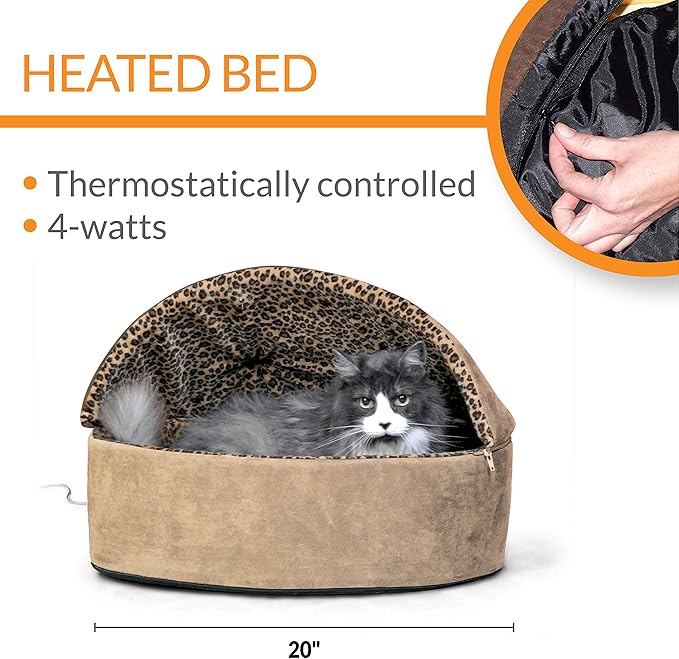 K&H Pet Products Thermo-Kitty Bed Deluxe Indoor Heated Cat Bed Tan/Leopard Large 20 Inches