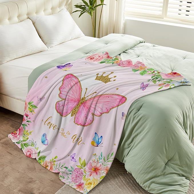Butterfly Throw Blanket for Girls Teens Women Toddler Watercolor Blanket Soft Fuzzy Flannel Bed Blanket Plush Butterfly Birthday Gifts for Women Girls Mom Kids Teens Adults, 50”x60”