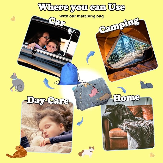 Best Gift Glow in The Dark Cute Cat Throw Blanket with Storage Bag, Soft Throw Blanket for Girls Boys, Birthday, Girls Blanket Kids Blanket,Day Care Home Travel Use,50"x60" Grey