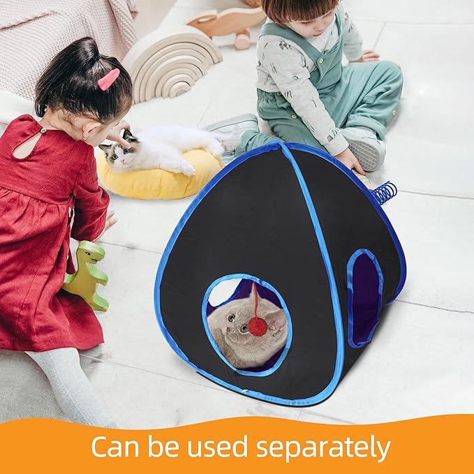 Cat Tunnels for Indoor Cats with Cube Tent Toys Combo, Pop Up Collapsible Crinkle Interactive Peek Hole, Cat Tube with Play Ball,Bell and Cat Spring Toys for Kitten, Puppy, Kitty, Rabbit - Set of 3