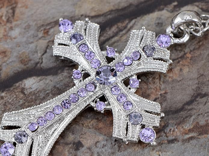 Alilang Silvery Tone Religious Cross Pendant Necklace w/Aquamarine Blue Or Clear Crystal Rhinestones