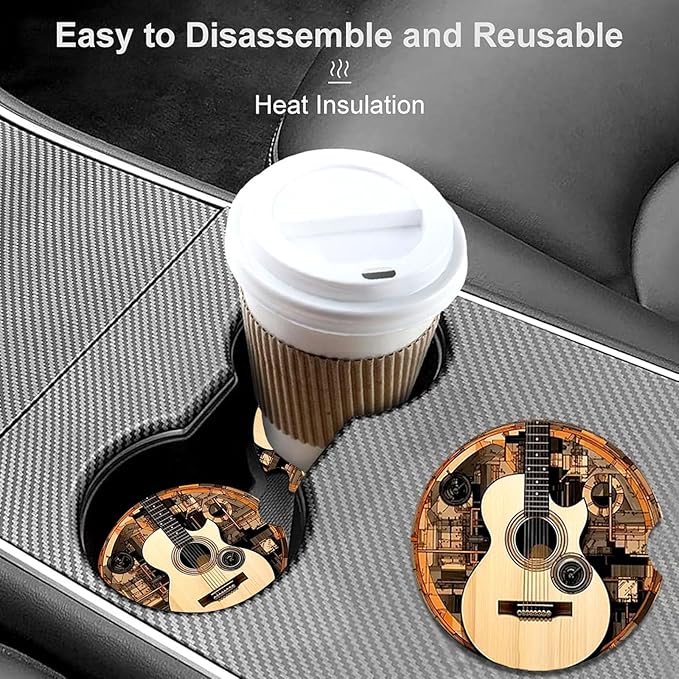 Car Coasters for Cup Holders,2 Pack Guitar Car Coasters,2.75" Universal Size Anti Slip Rubber Mat,Automotive Cup Holder Decal Decor Accessories,Guitar Gifts for Women,Men,Mom