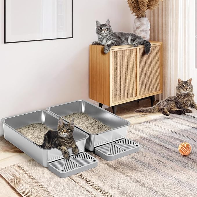 2 Pack 23.6" x 15.7" x 6" Deep & Extra Large Stainless Steel Cat Litter Boxes, High Sides Metal Cat Litter Box for Multi-Cats Big Cats XL Metal Litter Pan Tray, Non-Sticky, Easy Cleaning