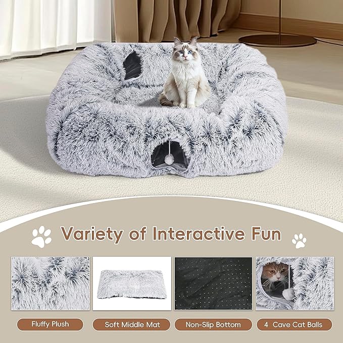 Extra Large Cat Tunnel Bed, Cat Tunnels for Indoor Cats, Plush Cat Donut Tunnel with Washable Middle Mat, 4 Exit Cat Balls, Multi-cat Household Peekaboo Cat Cave, Pet Play Toys for Kitten Puppy Rabbit