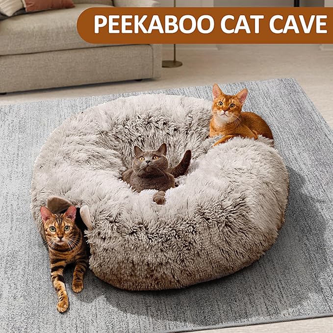 Cat Tunnel with Cat Bed for Indoor Cats, Soft Plush Peekaboo Cat Cave Donut Tunnel, Multifunctional Cat Playground Toys Hideplace for Small Medium Large Cats, Kittens, Rabbit, Ferret, Brown