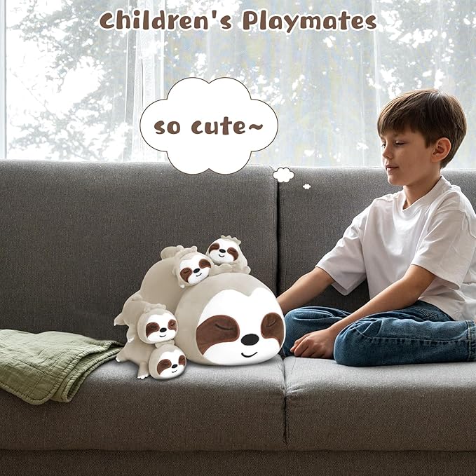 Sloth Stuffed Animal Cute Sloth Plush Pillow with 4 Baby Plushies in Her Tummy, Soft Cotton Stuffed Animals Toy Gifts for Kids