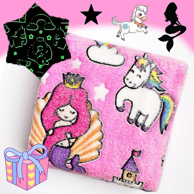 Mermaid Princess Pattern Blanket, Unicorn Blanket Glow in The Dark, 50" x 60", Pink