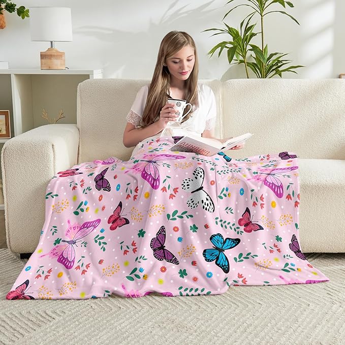 Butterfly Throw Blanket for Girls Women Toddler Watercolor Butterfly Blanket Soft Fuzzy Flannel Bed Blanket Plush Birthday Gifts for Women Girls Mom Kids Teens Adults,50”x60”