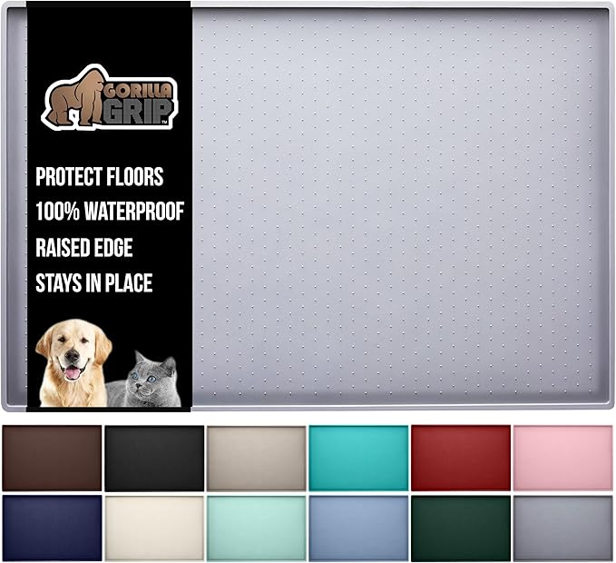 GORILLA GRIP 100% Waterproof Raised Edge BPA Free Silicone Pet Feeding Mat, Dog Cat Food Mats Contain Spills Protects Floors, Placemats for Cats, Dogs Water Bowl, Pets Accessories 28x18 Light Gray