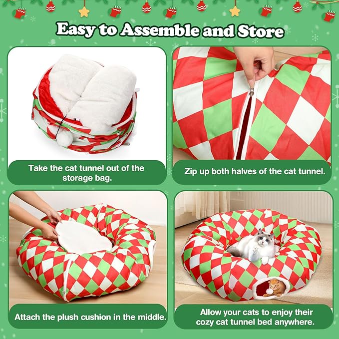 Large Cat Tunnel Bed Cat Peekaboo Cat Cave Donut with Washable Cushion Cat Tunnels for Indoor Cats Festive Decor Perfect for Small Medium Large Cats, Kittens, Rabbit, Ferret