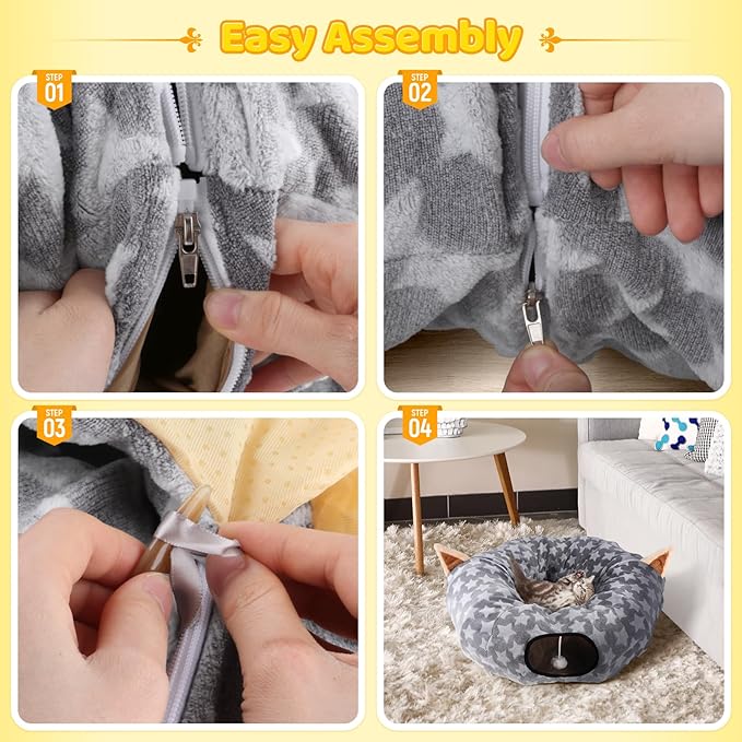 Cat Bed Tunnel Tree Skirt, Round Cave Donut Play Tunnels for Indoor Cats Large, 2 in 1 Soft Plush Mat and S Shape Collapsible Circle Tube with Zippers Hanging Ball Toy