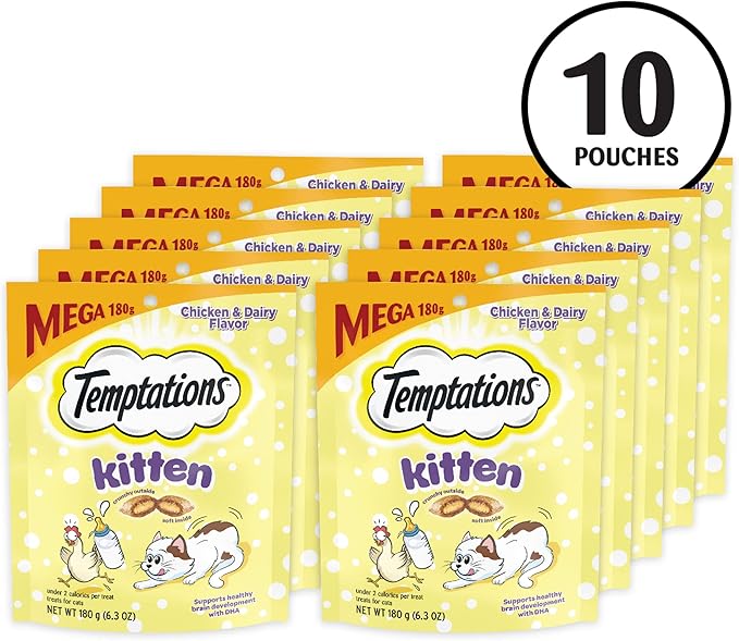 Temptations Kitten Crunchy and Soft Treats Chicken and Dairy Flavor, 6.3 oz. Pouch, (Pack of 10)