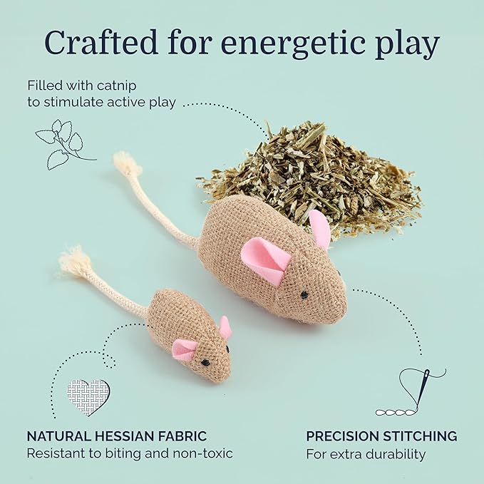 Hepper Catnip Mice Toy Set - Hessian: Premium Catnip-Infused Mice Cat Toys for Endless Play, Multi-Textured Hessian Fabric Ideal for Quiet Self-Play - 2 pcs Pet Toys for Cats for Kicking & Tossing