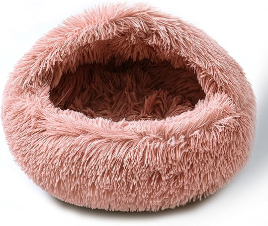 Cat Bed Calming Cat Beds,Indoor Washable Cat Bed，Anti-Slip Faux Fur Fluffy Cuddler Anxiety Cat Bed,Warming Cuddler Cushion Bed for Small Medium Dogs and Cats (Leather Pink, 20 * 20inch)