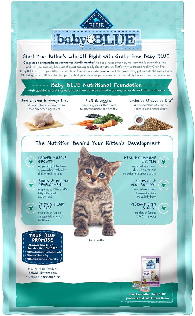 Blue Buffalo Baby BLUE Natural Kitten Grain-Free Dry Cat Food, High-Protein Healthy Growth Formula with DHA, Savory Chicken, 2-lb. Bag