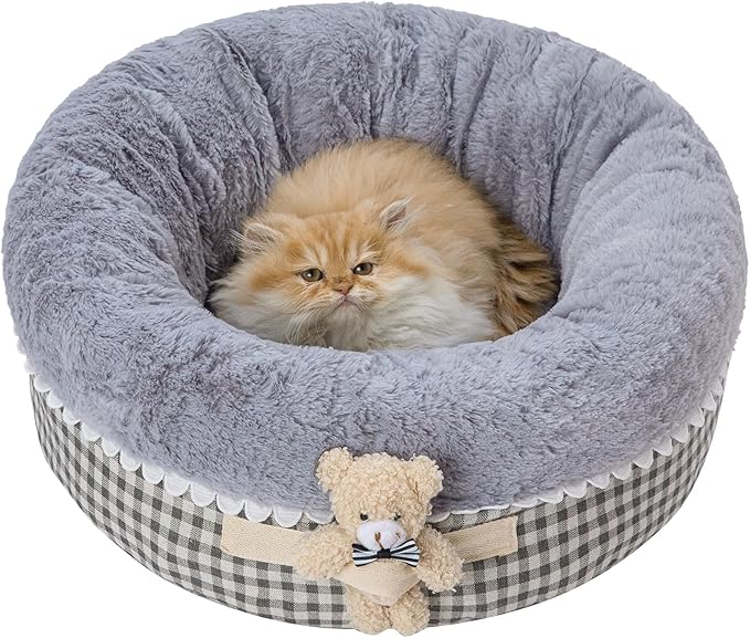 Jiupety Teddy Donut Bed for Indoor Cats, Washable & Warm Small Dog Bed, Cute Fluffy Round Kitten Bed, Suitable for Cat and Puppy, Anti-Slip Calming Princess Kitty Bed, Gray, 20"×20", Fit 12lbs
