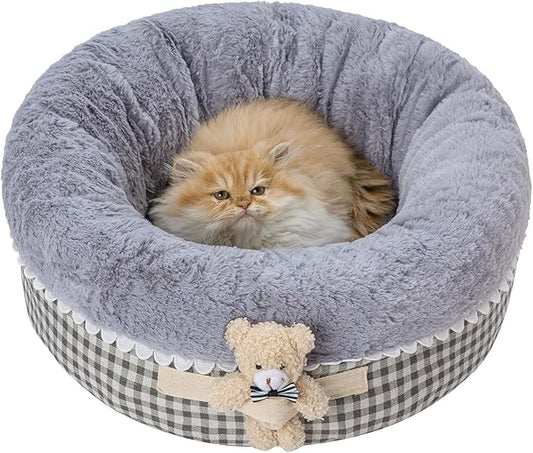 Jiupety Teddy Donut Bed for Indoor Cats, Washable & Warm Small Dog Bed, Cute Fluffy Round Kitten Bed, Suitable for Cat and Puppy, Anti-Slip Calming Princess Kitty Bed, Gray, 20"×20", Fit 12lbs