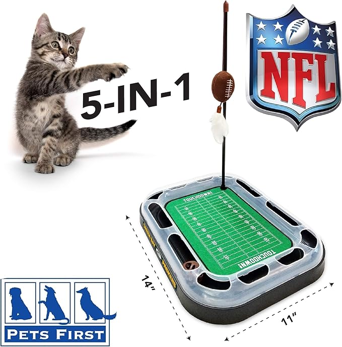 Cat Toy Pets First NFL GREEN BAY PACKERS FOOTBALL FIELD CAT SCRATCHER TOY with CATNIP Filled Plush FOOTBALL Toy&Feather Cat Toy hanging. + A Jingle Bell INTERACTIVE BALL Cat Chasing 5-in-1 KITTY Toy