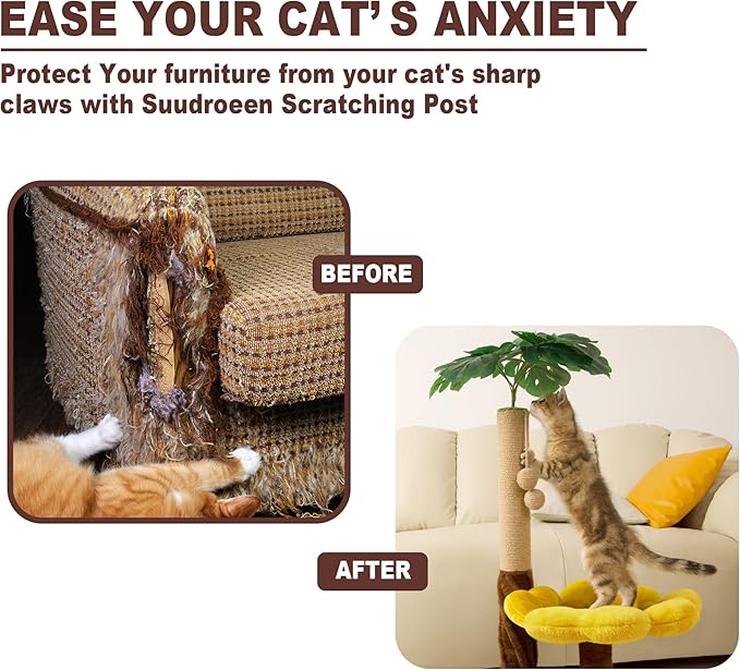 Cat Scratching Posts Cat Scratcher with Premium Sisal Rope, Sunflower Cat Platform and Danging Balls,33.86" Tall Cat Scratcher, Suitable for Large Adult cat, Kitten, and All Type of Cats