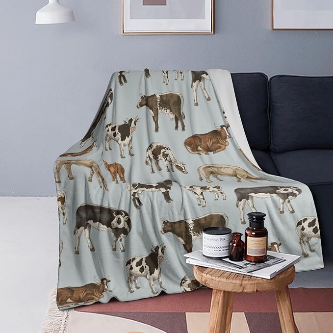 Cow Blanket Throw 60"X50", Cozy Lightweight Plush Cow Print Blanket, Gifts for Kids Women