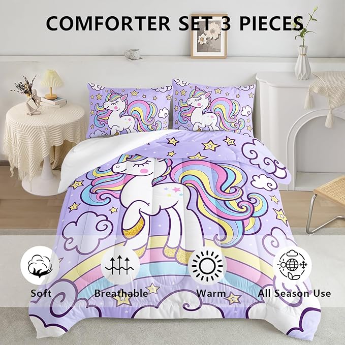 Axolotl Rainbow Unicorn Bedding Set Twin,Purple Unicorn Kids Comforter Sets with Stars Cloud for Girls,1 Quilt with 2 Pillowcases for Girls Kids Teens Children Adults Bedroom Decor All Season