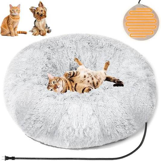 Heated Cat Bed for Indoor Cats - Fluffy 23 Inch Donut Pet Bed with Removable Heating Pad for Cats & Small Dogs, Ideal for Year Round Comfort
