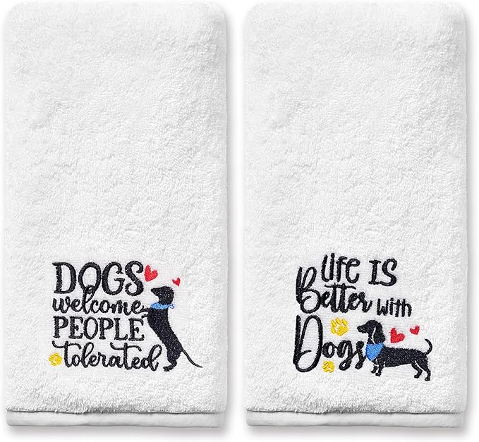 Dog Hand Towels for Bathroom Set of 2, Lover Gifts for Women Bathroom Decor Embroidered, Owners Mom Gifts Decorative New Home Tea Towels, 100% Cotton Soft for Kitchen 14x30 Inches