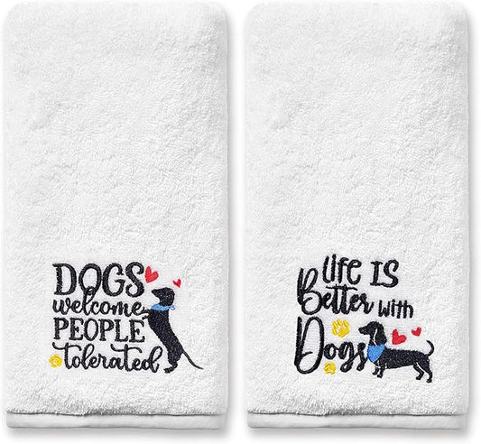 Dog Hand Towels for Bathroom Set of 2, Lover Gifts for Women Bathroom Decor Embroidered, Owners Mom Gifts Decorative New Home Tea Towels, 100% Cotton Soft for Kitchen 14x30 Inches